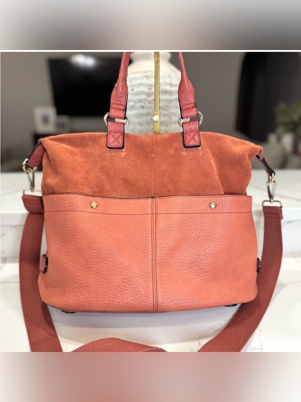 Moda Luxe Leather Suede Satchel Bag Dusty Coral